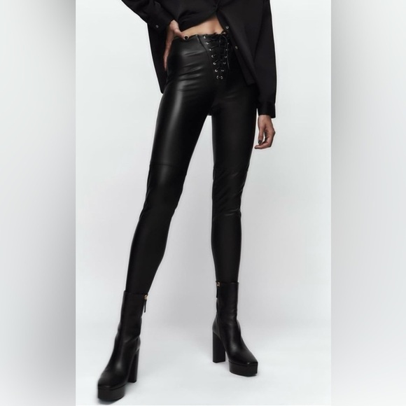 ZARA Trafaluc vegan leather leggings size XS, mid-raise, lace up front Gothic - Picture 1 of 10